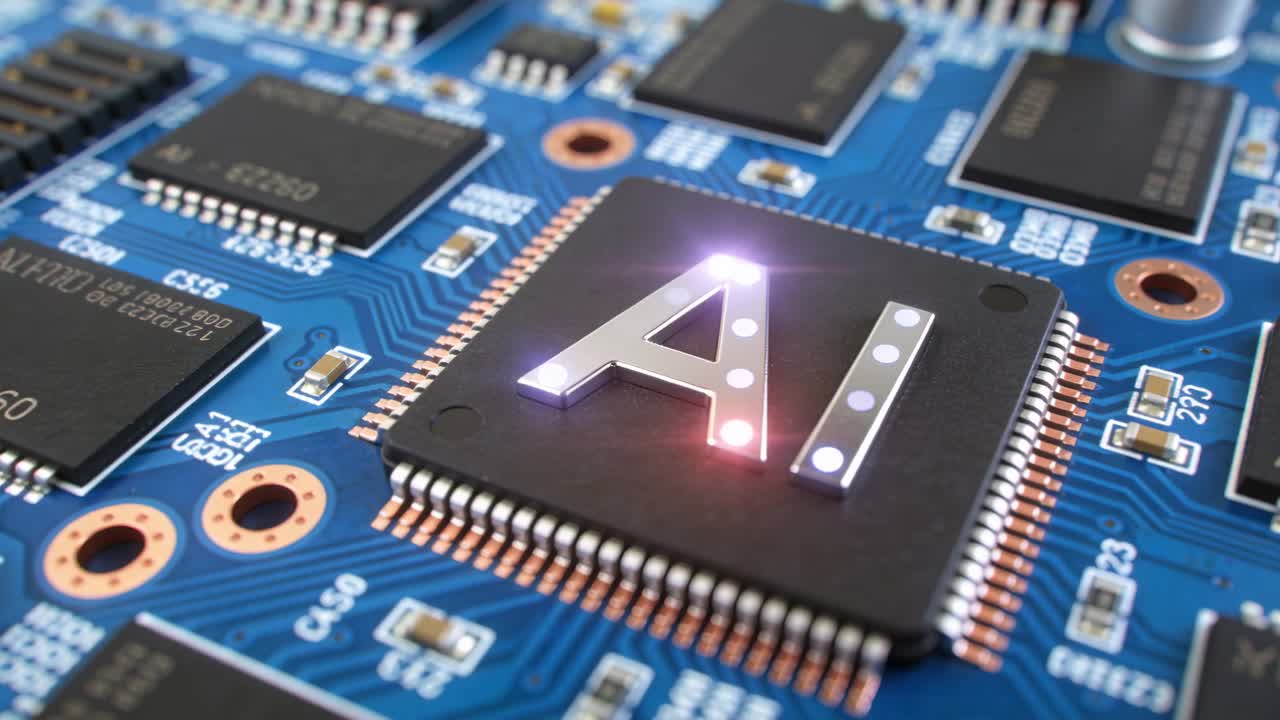 Animating point lights appearing, pulsing across square AI chip on blue PCB, highlighting pins