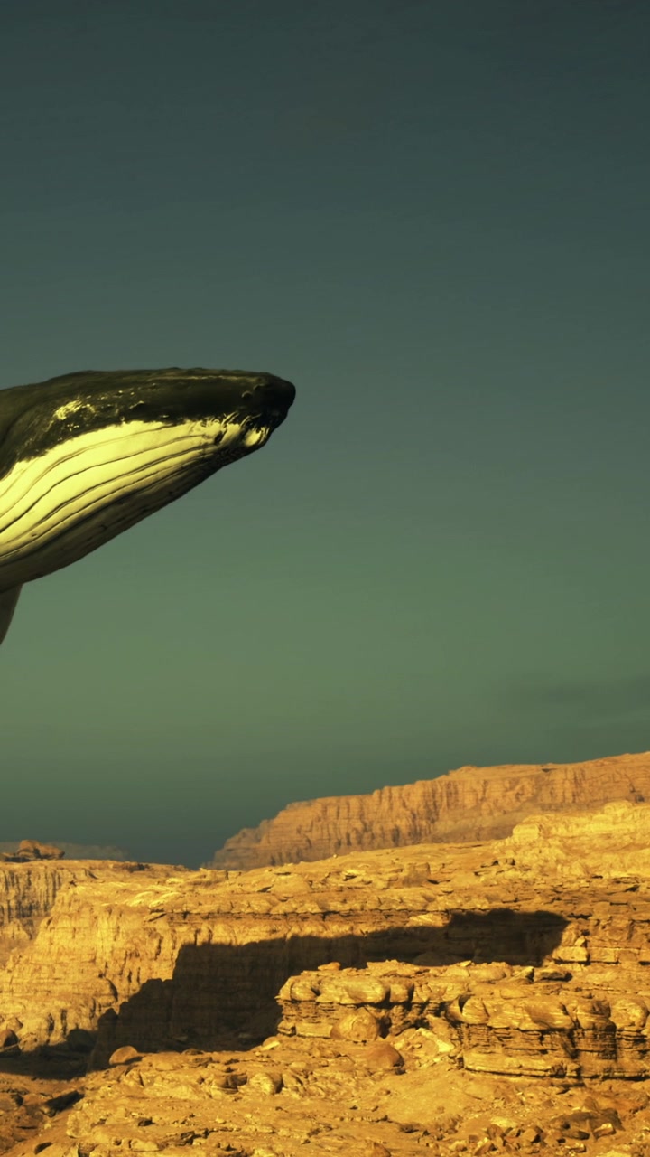 Whale breaches over a desert landscape at sunset near the ocean