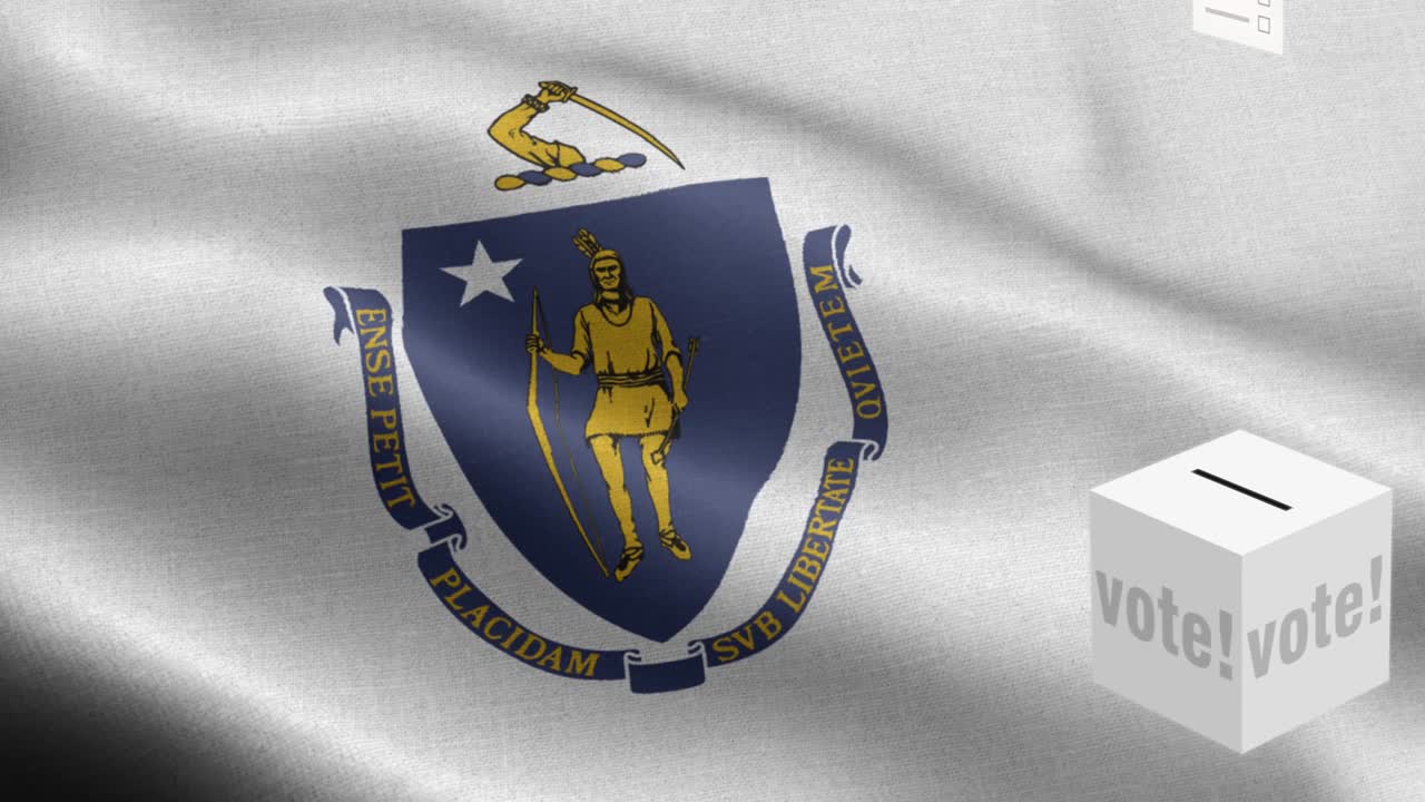 estado de massachusetts - las papeletas de votación vuelan a la caja para la selección de massachusetts - caja de votación frente a la bandera - elección - voto - bandera electoral estado de massachusetts patrón de onda elementos loopables - textura de tela y bucle sin fin - massachusetts