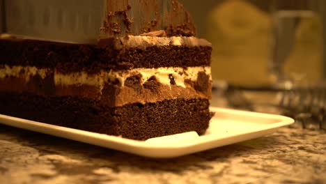 cutting slice of basic chocolate tuxedo cake at home, slow motion close up