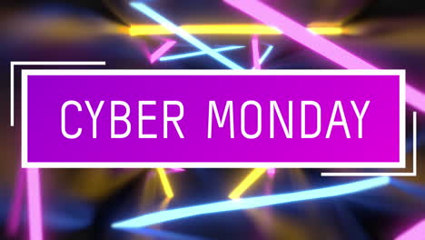 animation of cyber monday over neon lights on black background