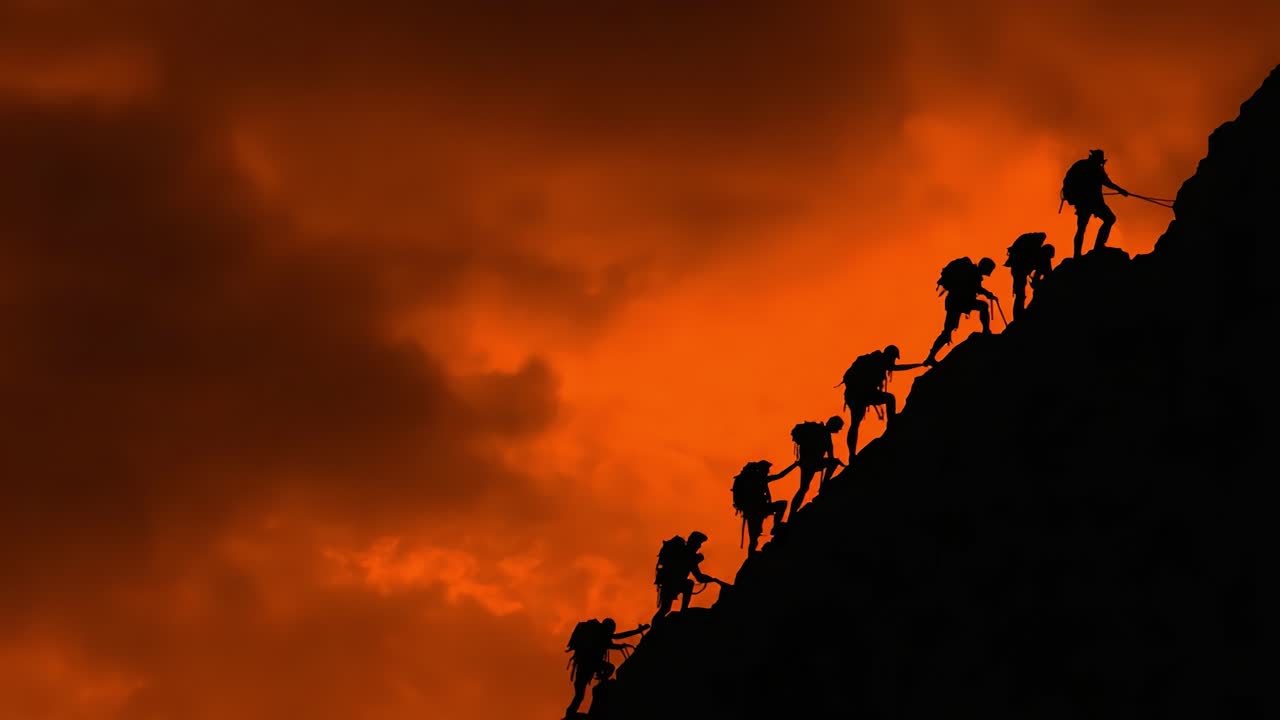 Ascesa drammatica: un gruppo di scalatori in silhouette che percorre una ripida cresta montuosa contro lo sfondo di un cielo infuocato al tramonto, arancione e rosso.