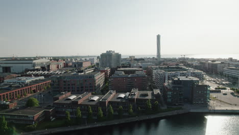 área-De-Lujo-Del-Puerto-Oeste-Visto-Desde-El-Puerto-De-Malmö,-Girando-La-Antena-Del-Torso