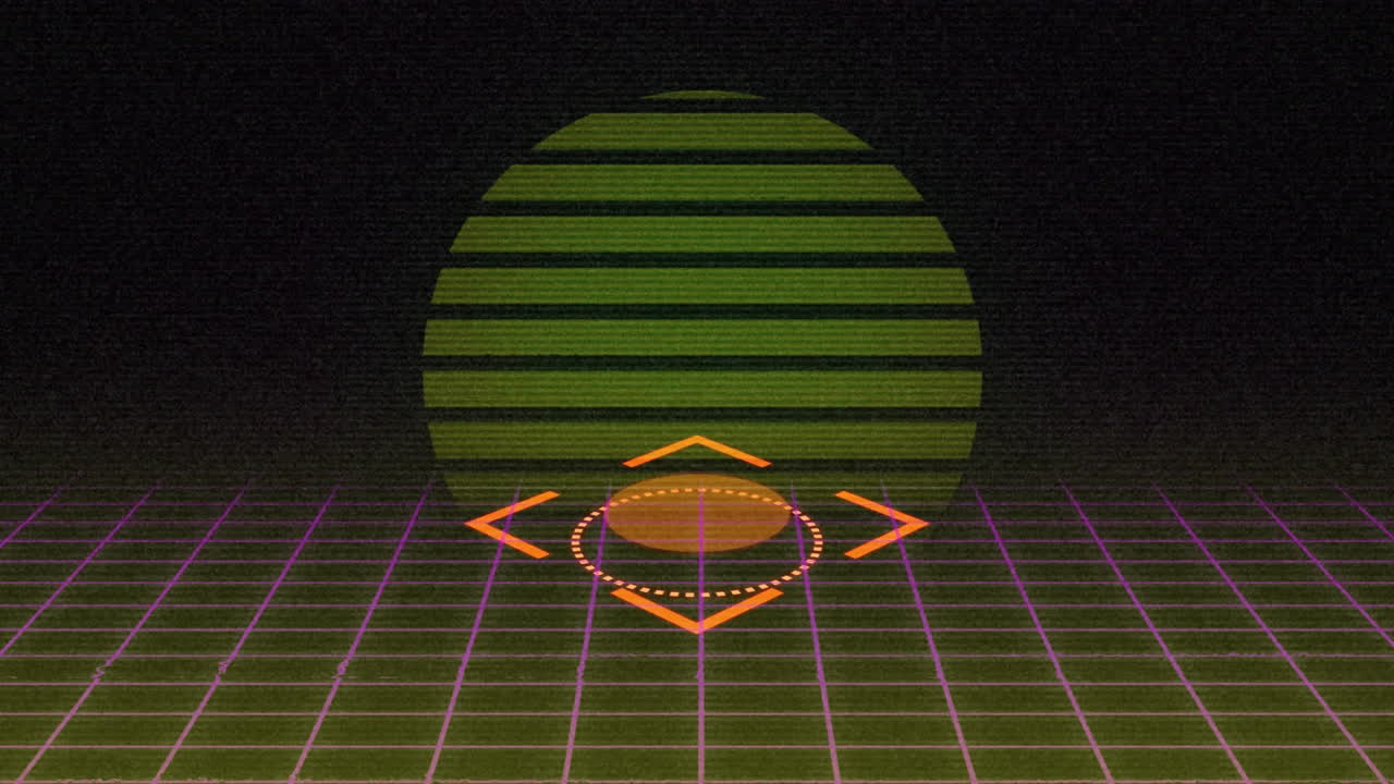 움직이는 분홍색 그리드와 검은색 배경에 떠오르는 태양 위에 회전하는 사각형 범위의 애니메이션