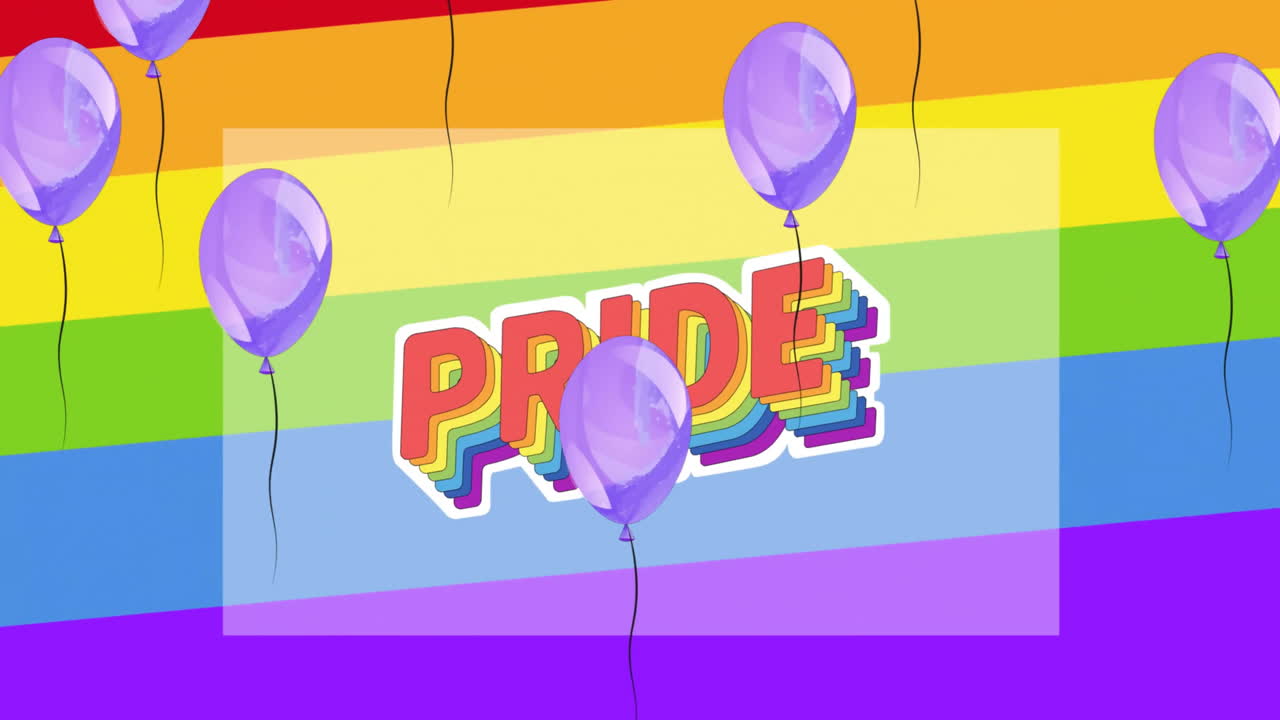 animación de texto de orgullo y globos sobre fondo arco iris