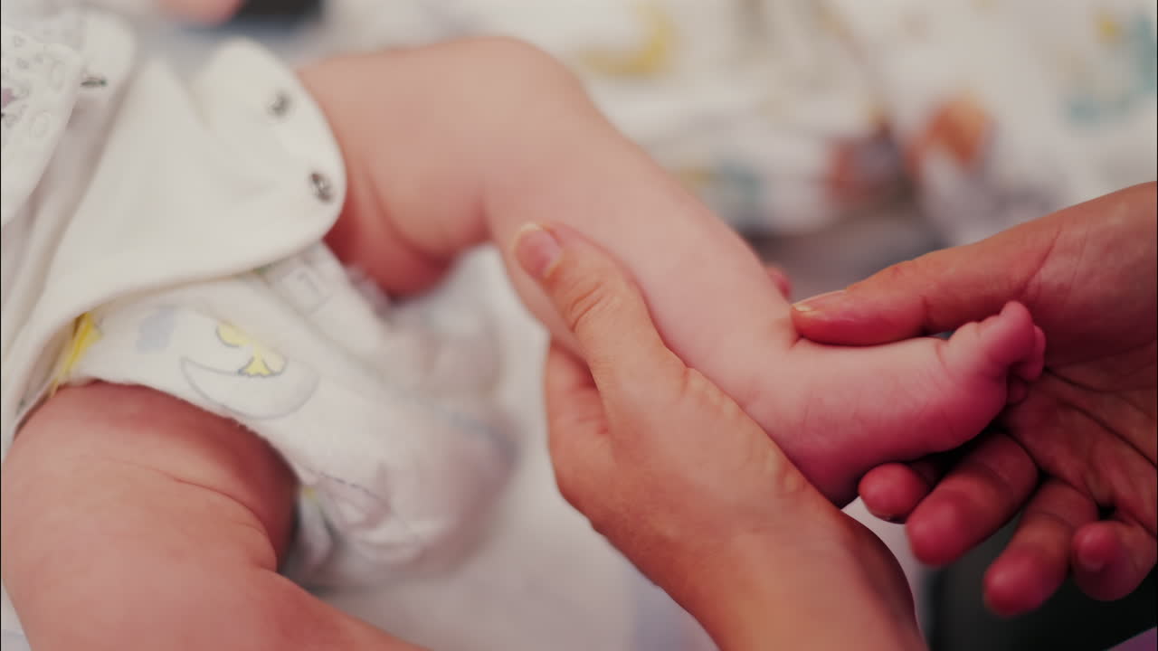 Close up of a parent's hands massaging a baby's legs