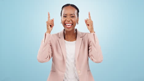 Business-black-woman,-pointing-up-at-information