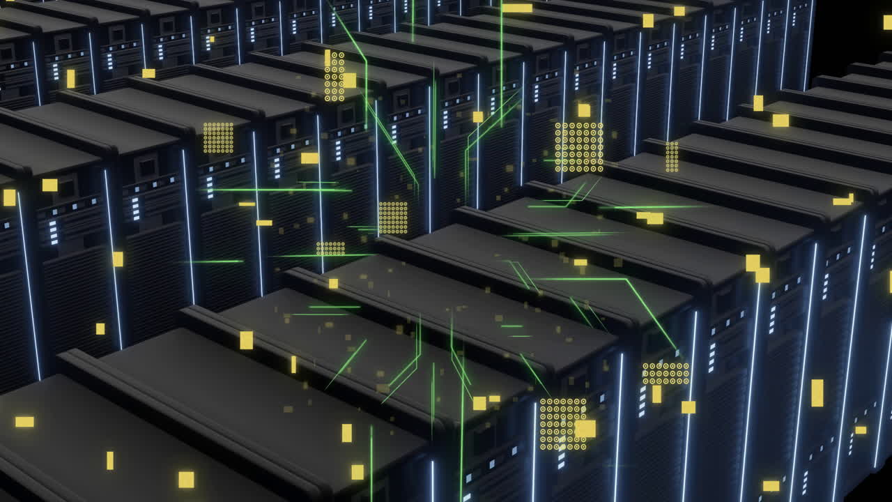 Animation of digital data processing and circuit board over computer servers