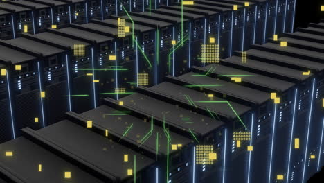 animation of digital data processing and circuit board over computer servers