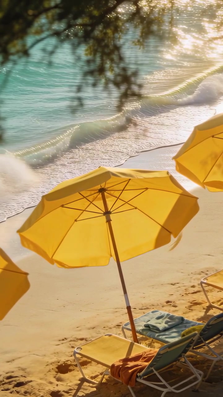 Video verticale: Registrazione di un ombrellone giallo e sedie mentre le onde in arrivo lambiscono la riva sulla spiaggia.