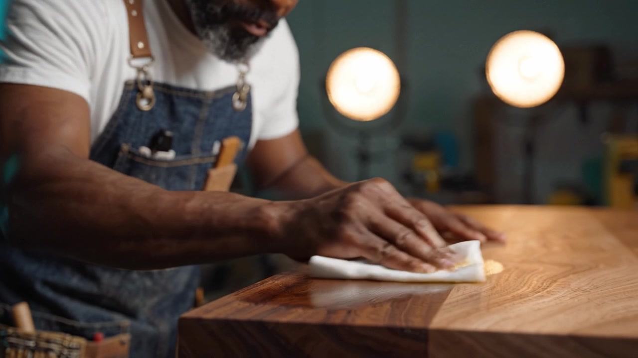 Craftsman Perfecting Wooden Surface Finish with Careful Application of Oil while Illuminated by Workshop Lights in a Professional Setting