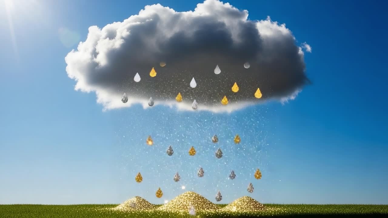 A Magical Cloud Showering Golden and Silver Raindrops Over Sparkling Hillside, Bringing Enchantment and Wonder to the Landscape Underneath a Bright Blue Sky