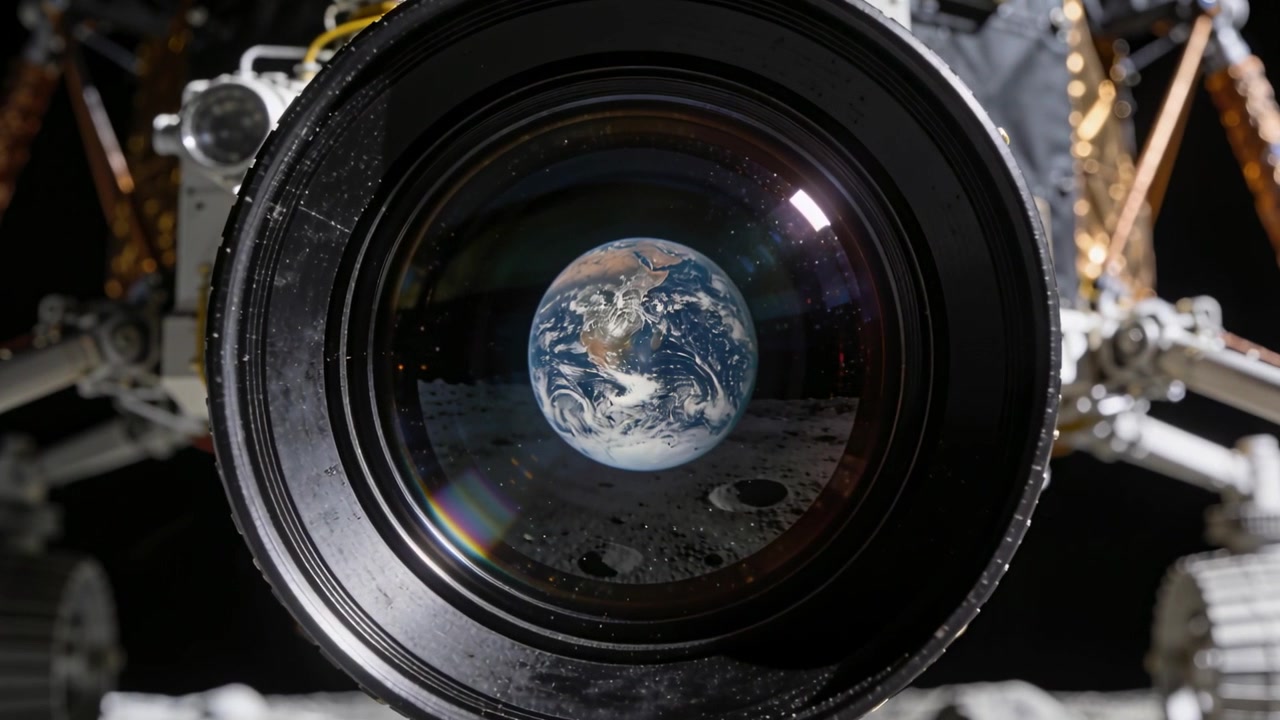 Inclinazione dopo una piccola regolazione, lente del lander che ruota sulla Luna, affinando il riflesso della Terra e i montanti