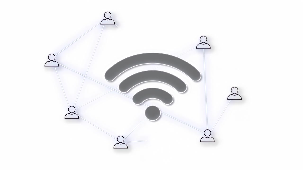 A minimalist digital composition shows a wireless signal symbol centered among small user icons arranged in a circle on a clean white background with soft gray shading and simple interface styling