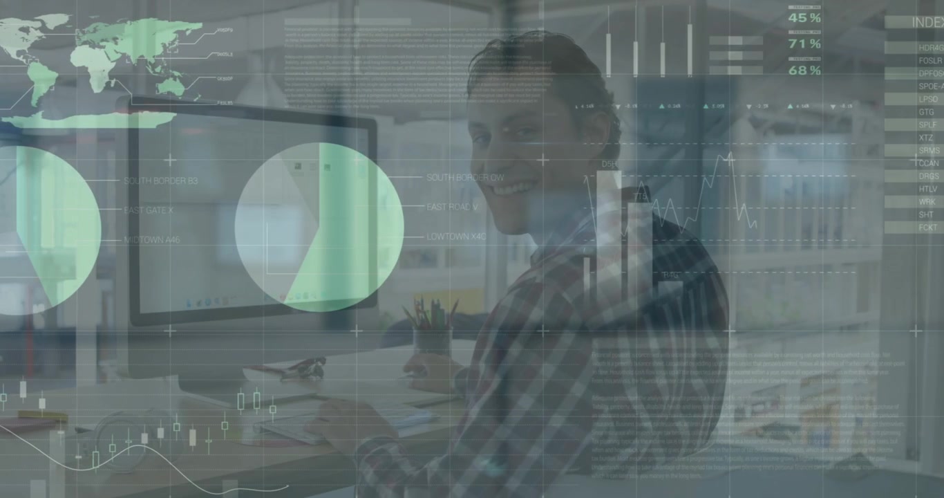 Animation of statistical data processing over caucasian man using computer and smiling at office