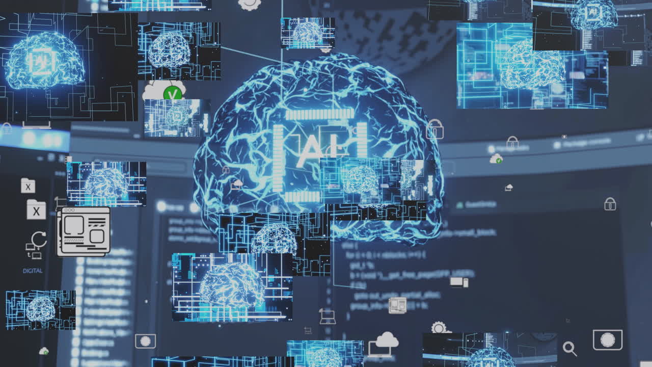 Rotating video wall displaying artificial intelligence brain visualization