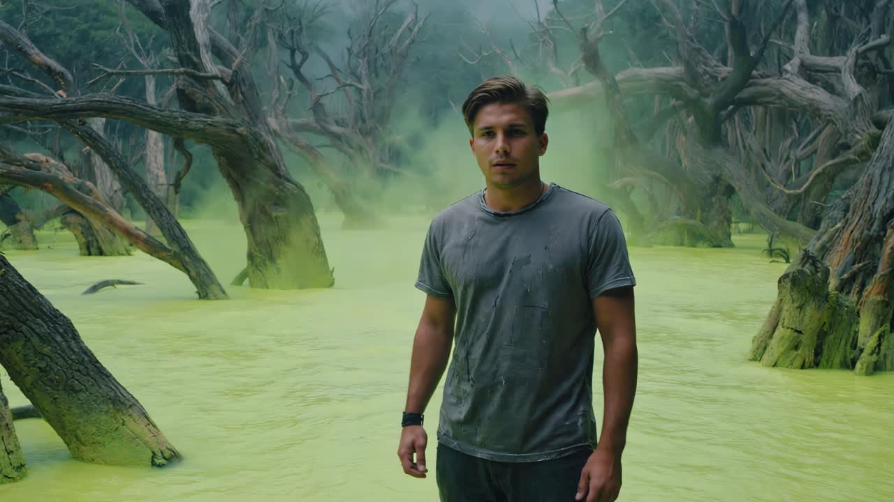 Man in a swampy forest