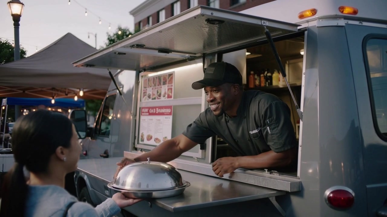 Cozinheiro de food truck em camisa de chef e boné, colocando cloche coberta enquanto cliente se aproxima, servindo em mercado noturno