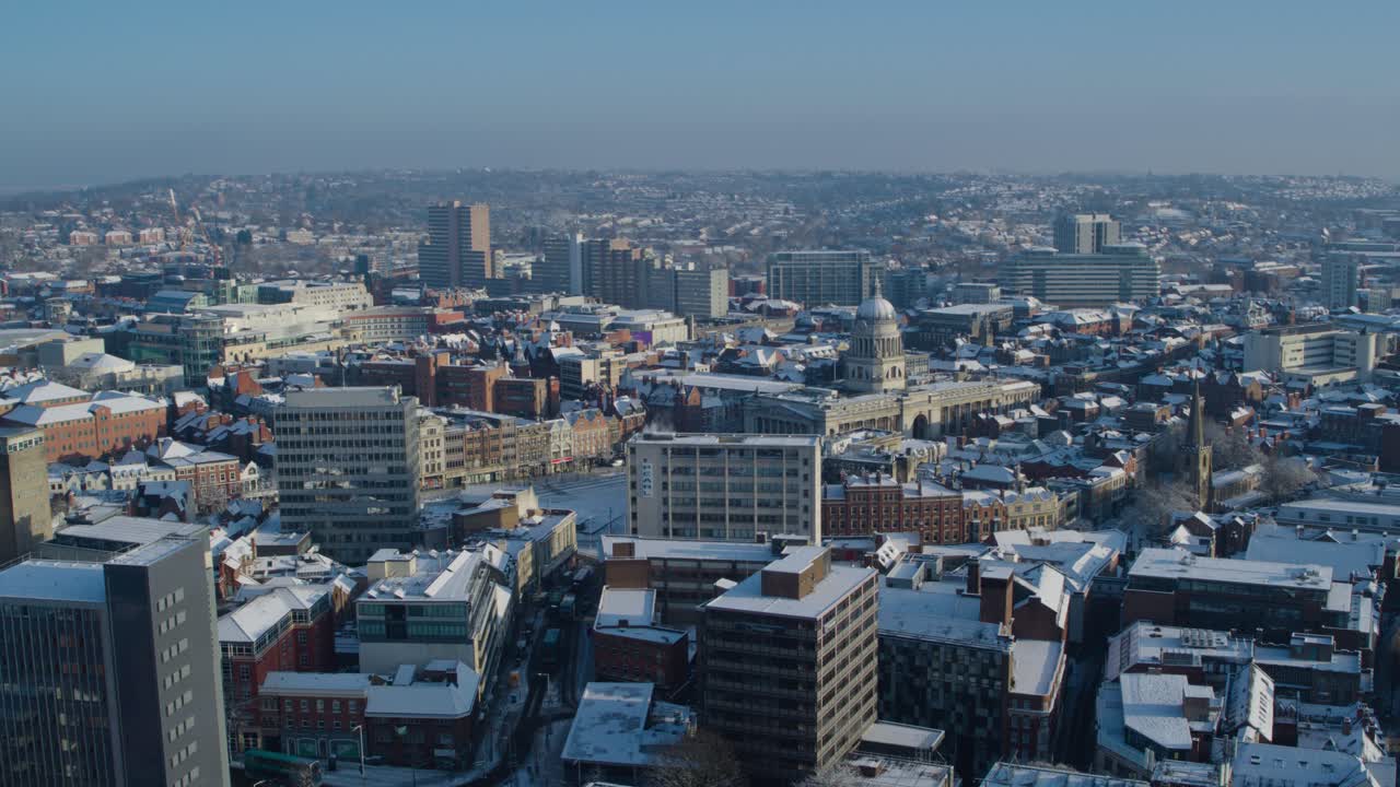 Nottingham cityscape during the depths of winter filmed from drone