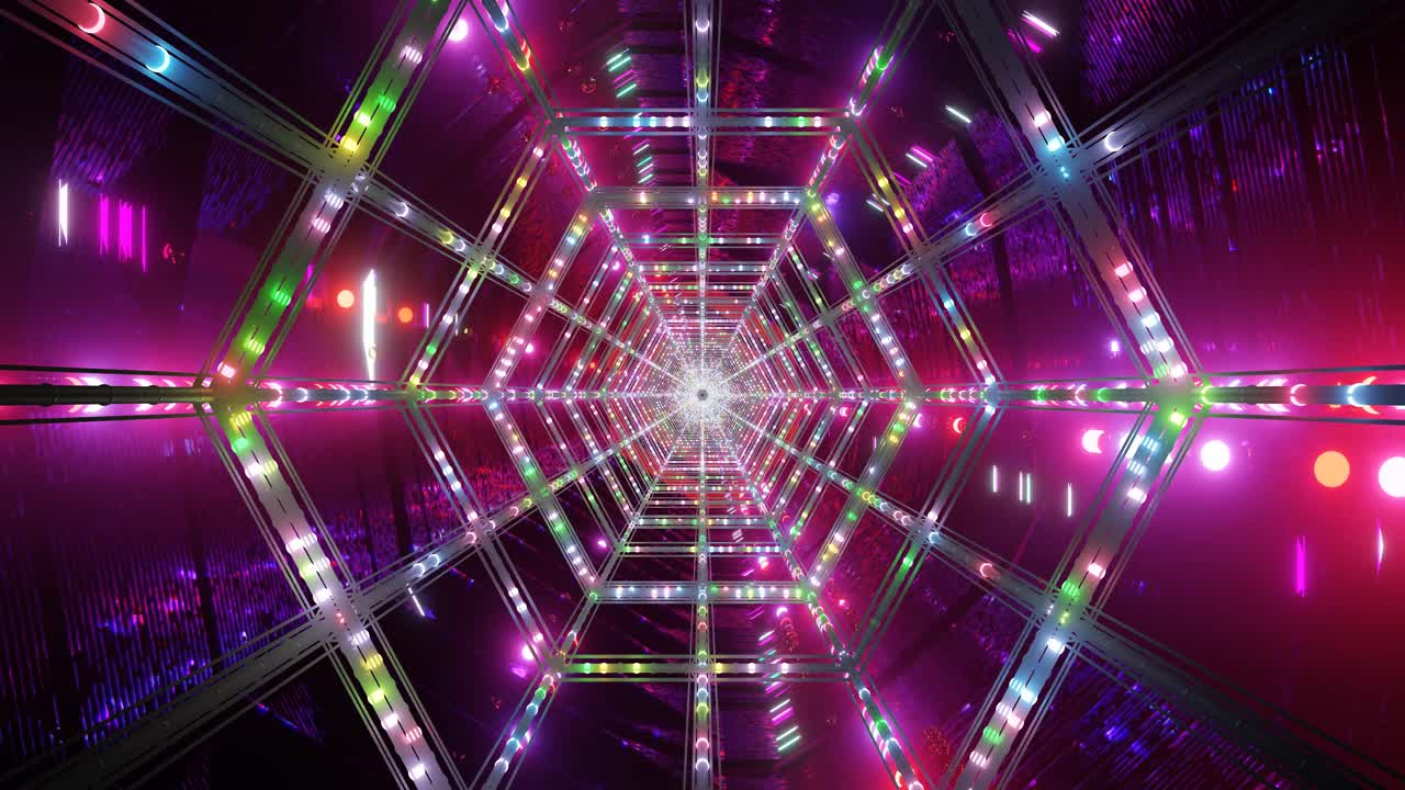 Colorful lights pulse and shift within a captivating hexagonal framework, creating an endless sense of depth and movement that enchants viewers with each seamless loop