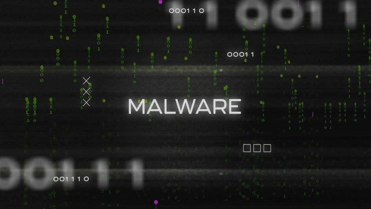 animación de la técnica de glitch sobre texto de malware con patrón de placa de circuito sobre códigos binarios que caen.