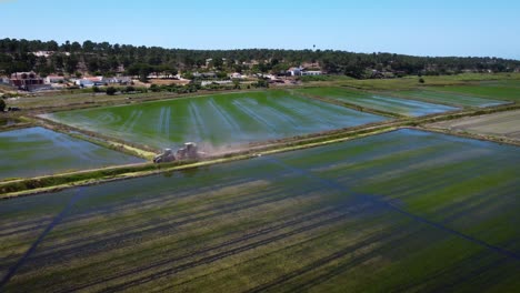 Campos-De-Arroz-En-Comporta-Portugal-Con-Camión-Conduciendo-Lejos-De-Los-Campos