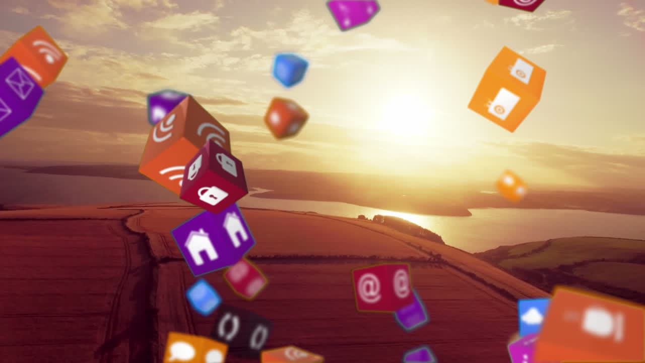 풍경 위에 떠다니는 디지털 아이콘의 애니메이션