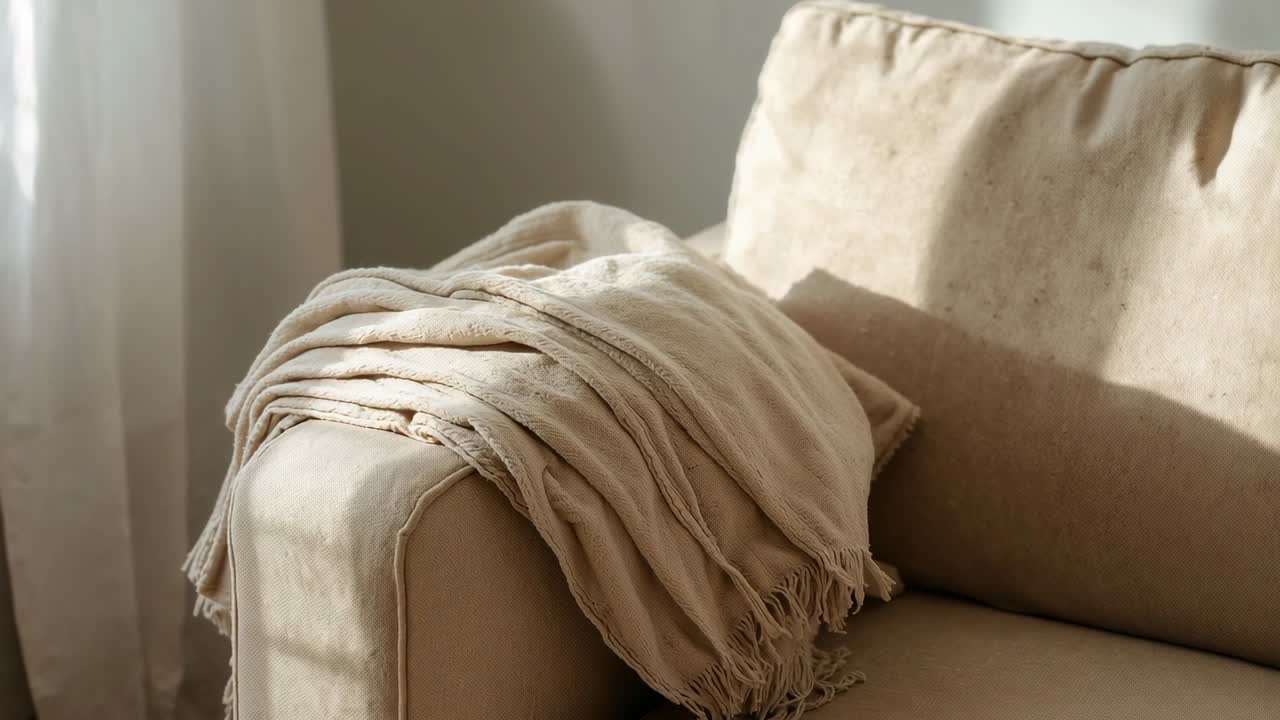 Sole che filtra dalla tenda proietta un'ombra su un braccio beige vicino alla finestra, con un cuscino decorativo color crema.