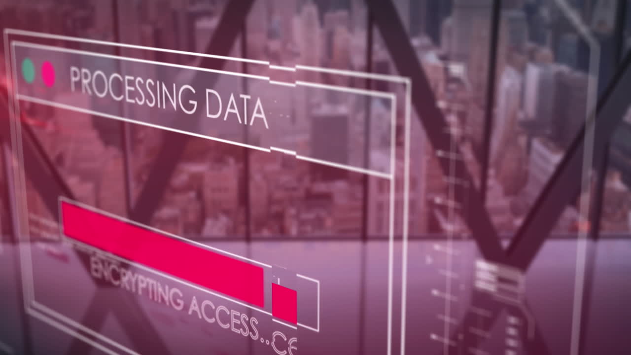 창과 도시 풍경 위의 데이터 처리의 애니메이션