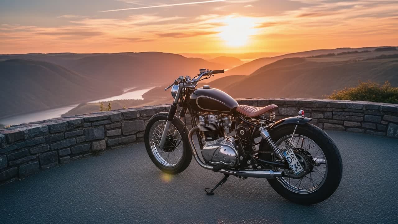 A Stunning Sunset View Featuring a Classic Motorcycle Overlooking a Serene River Valley, Capturing the Essence of Adventure and Freedom in the Open Air