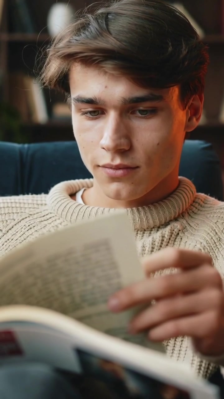 Vidéo verticale : Homme ouvrant un magazine, tournant les pages intérieures dans un fauteuil de bureau, portant un pull beige pour lire.