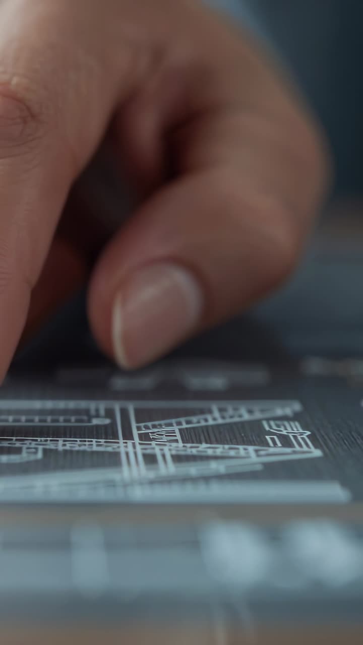 Vertical video: Placing finger on white line, right hand sliding across tablet plan, inspecting