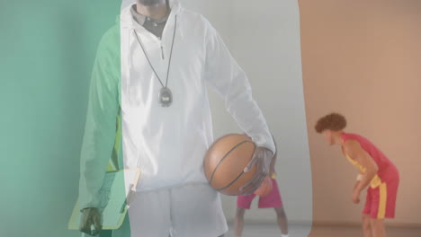 animation of flag of ireland over diverse basketball players on court