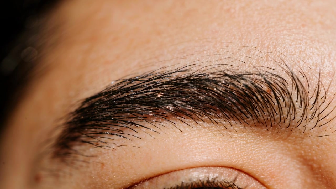 Blinking triggered by reflex causing man adjusting eyebrow and eyelid in studio closeup, warm light