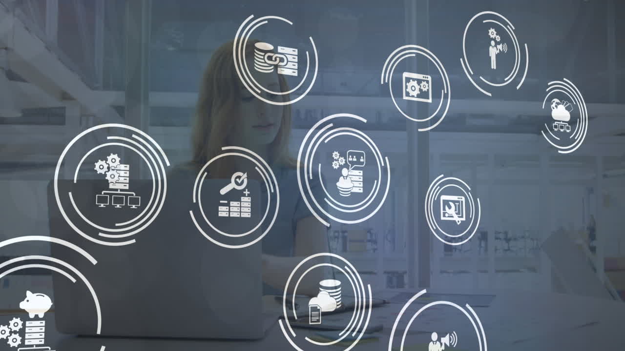 Animazione di una rete di connessioni con icone su una donna d'affari caucasica in ufficio