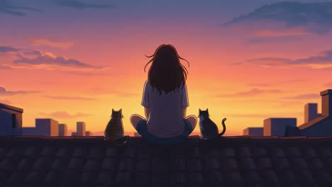 a tranquil evening: a heartwarming scene of a young girl and two cats enjoying a beautiful sunset from a rooftop, capturing the essence of peaceful companionship and nature's beauty