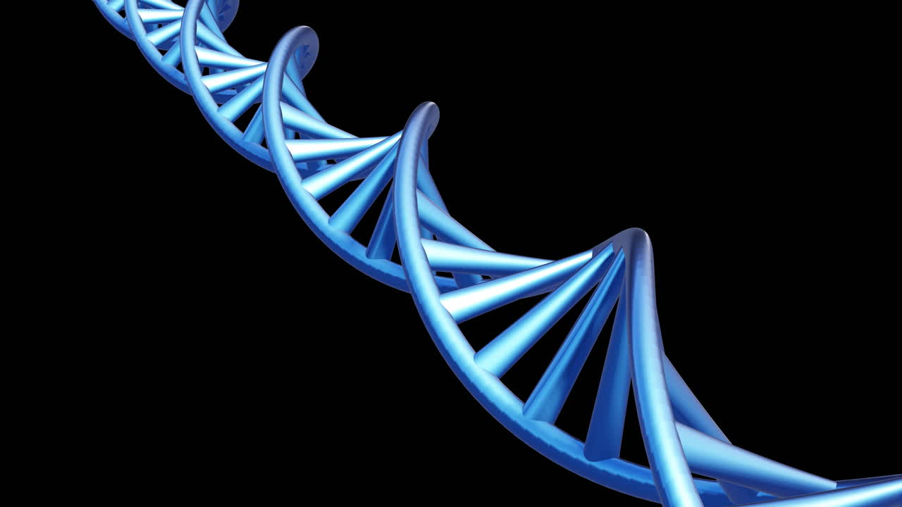 Animazione di una doppia elica di DNA che ruota con spazio per il testo su sfondo nero
