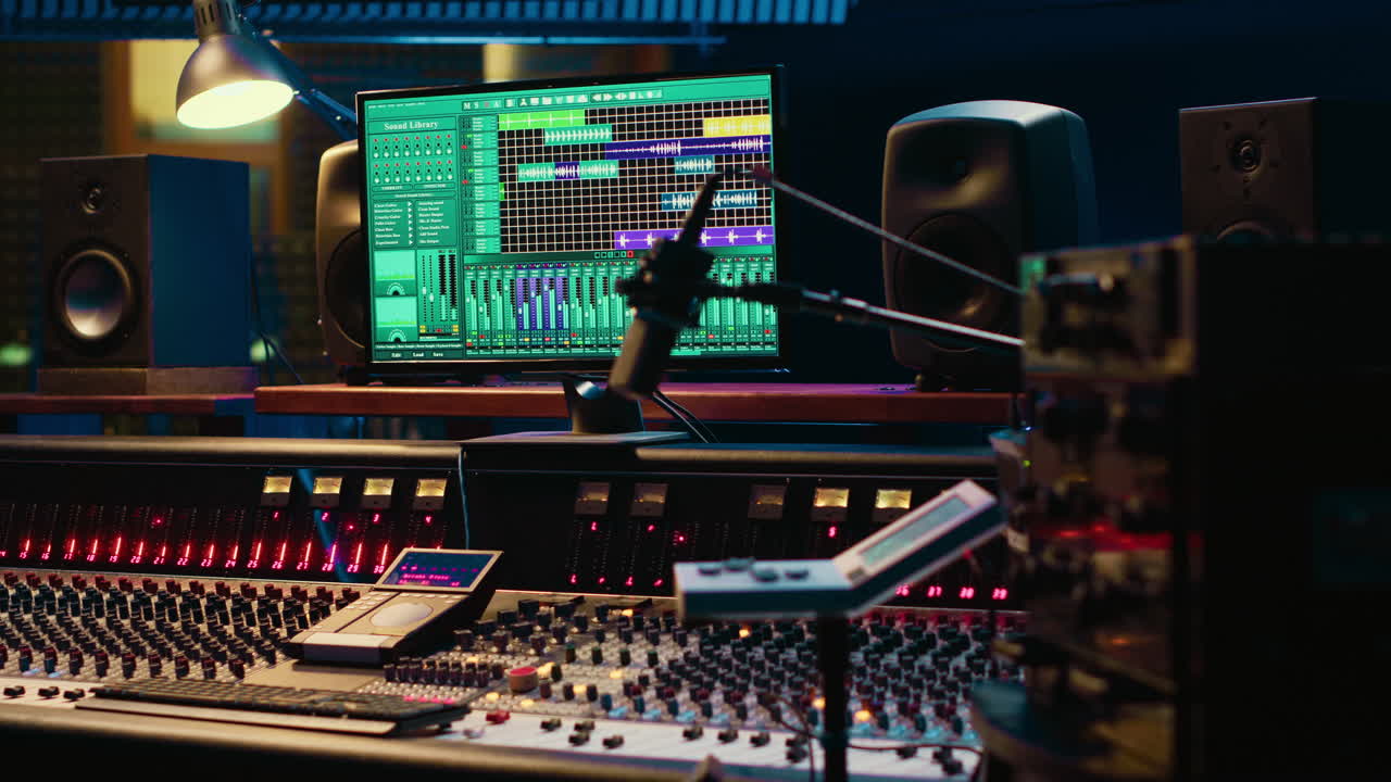 Music record studio control room with daw software used to mix and master audio