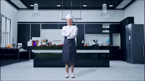 cuerpo lleno de mujer asiática chef sonriendo y cruzando los brazos a la cámara en la cocina de casa