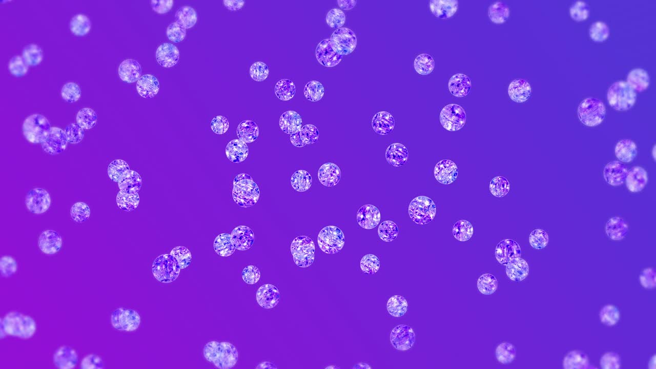 보라색 배경에 많은 은 크리스탈 구를 날아. 투명, 다채로운 유리. 반이는 공 회전의 3d 애니메이션. 루프 애니메이션.