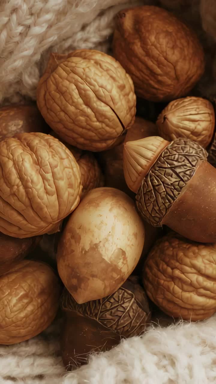 Vertical video: Moving camera drawing walnuts and acorn into focus on cream knit, showing texture