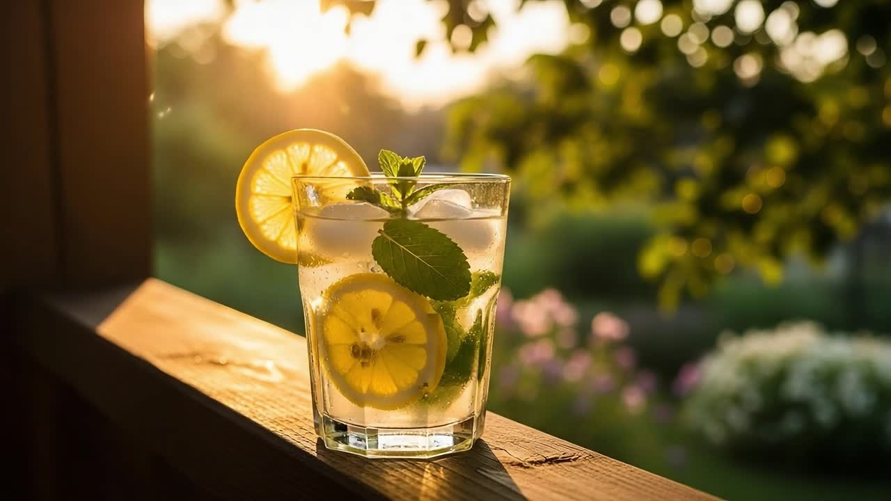 Refreshing Citrus Beverage with Mint and Lemon Slices, Capturing a Serene Evening Glow in the Background with Lush Greenery and Soft Lighting