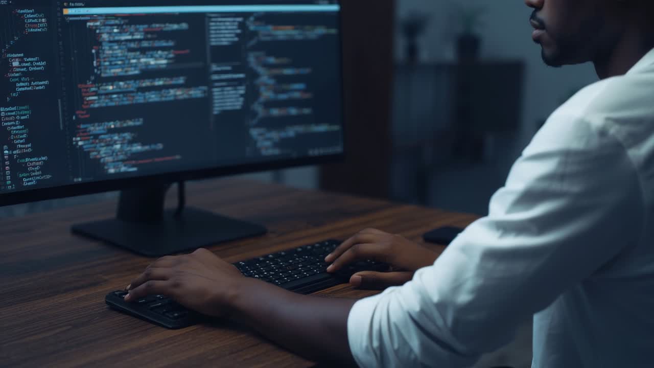 Resting on keyboard developer editing code on large monitor at wooden desk with phone, copy space