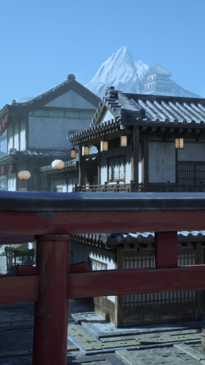 pueblo japonés con montaña nevada