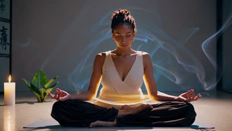 aura and balance are visualized during a meditation session led by a woman sitting in a lotus position on a mat, with a candle and a plant in the background