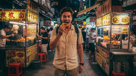 a food enthusiast enjoys local street snacks under neon lights in a bustling night market, embracing the vibrant atmosphere and culinary delights around him