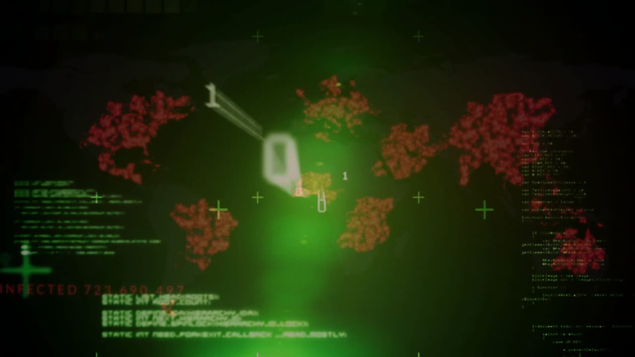 On startup green beam pulsing, scanning red clusters and sliding code panels tracking infections