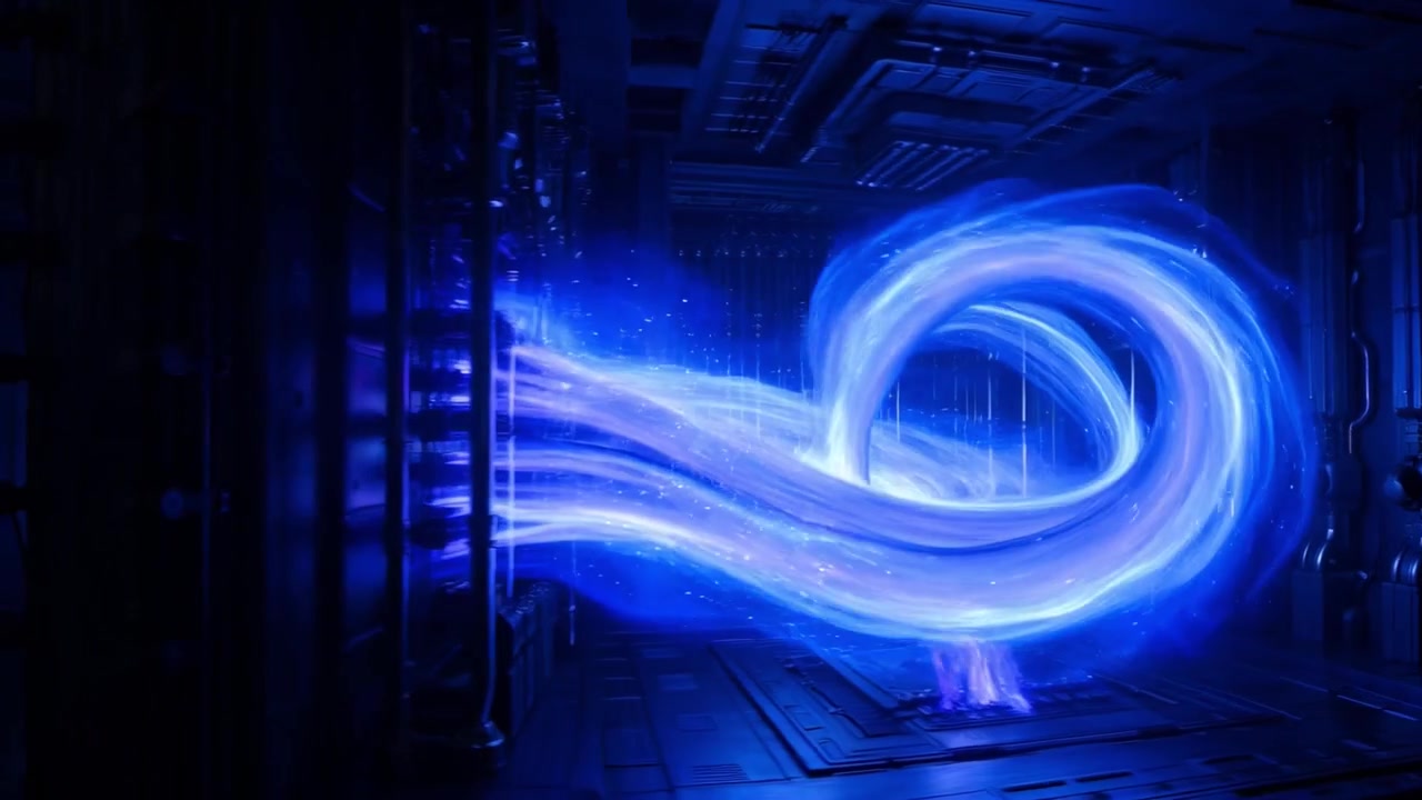 Dynamic Blue Plasma Energy Swirling in a Futuristic Reactor