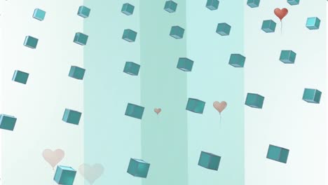 Animation-of-floating-heart-shaped-balloons-over-rotating-cubes-on-blue-striped-background