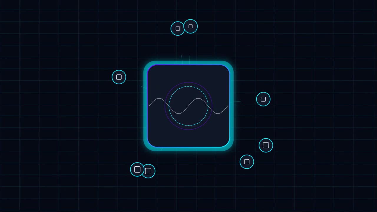Abstrakte digitale Schnittstelle mit pulsierender Wellenform und kreisenden Knoten